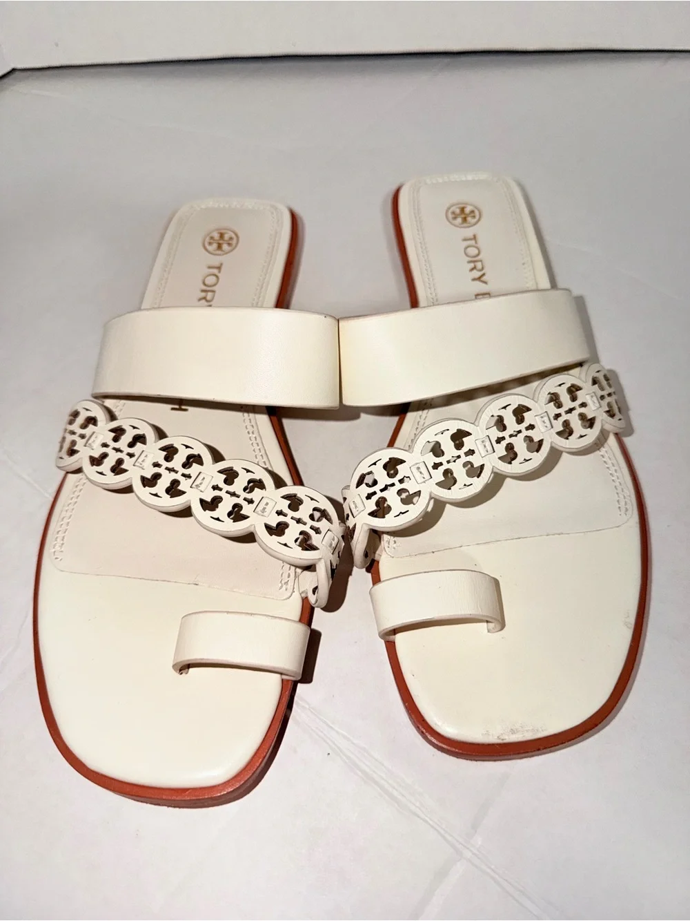 Tory Burch Cream White Miller Logo Chain Slide Sandals
